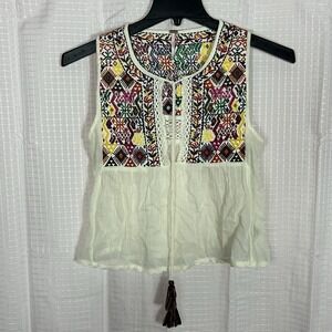 Free People X-Small Lohri White Embroidered Crochet Festival Tank Crop Top (E)